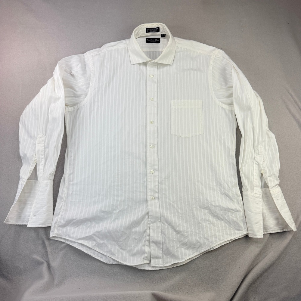 Christian Dior Monsieur White Striped Dress Shirt French Cuff 16.5-33 USA Vtg
